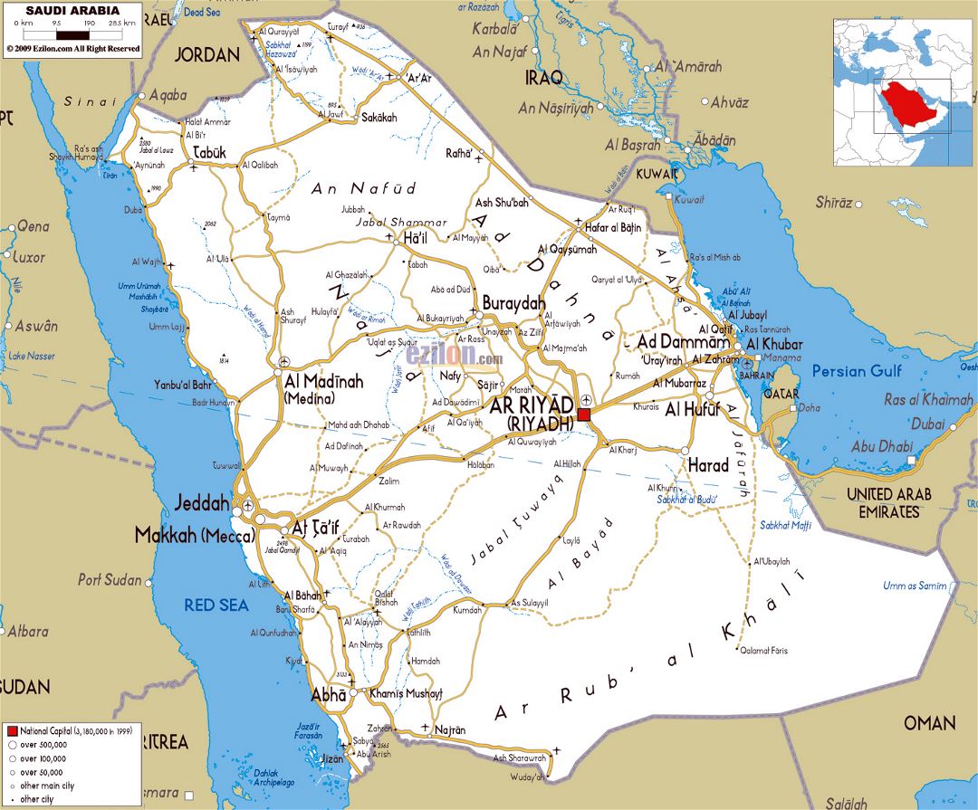 Grande mapa de carreteras de Arabia Saudita con ciudades y aeropuertos