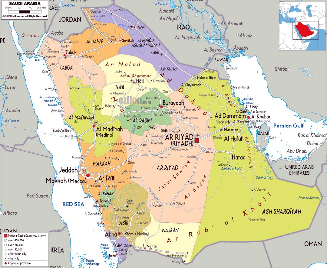 Grande mapa político y administrativo de Arabia Saudita con carreteras, ciudades y aeropuertos