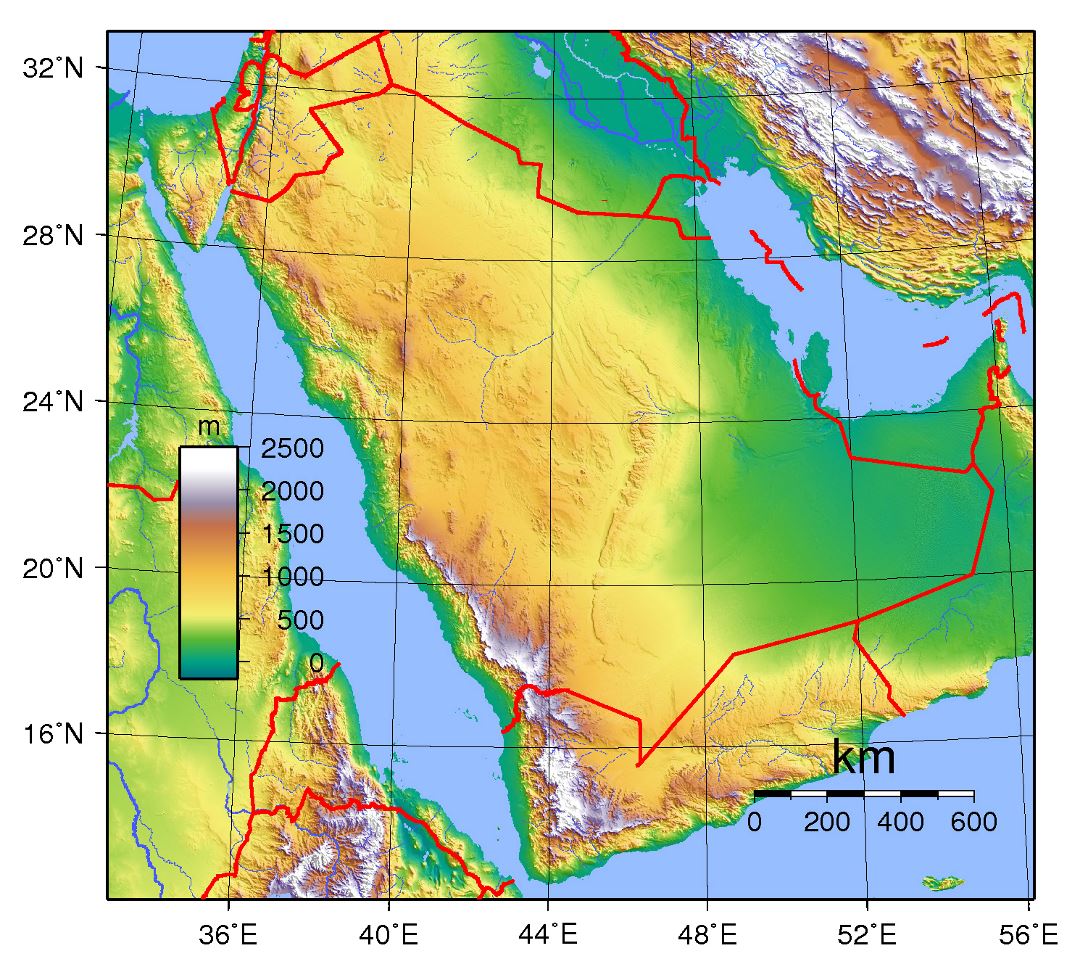 Grande mapa topográfico de Arabia Saudita