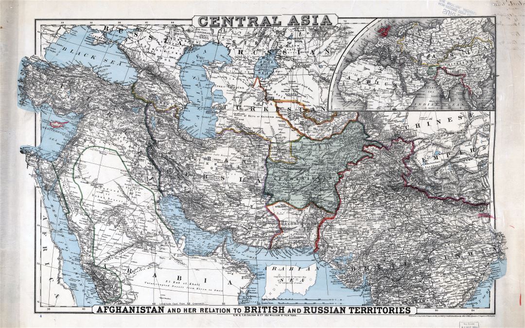 Gran viejo mapa escala de Asia Central con alivio - 1885