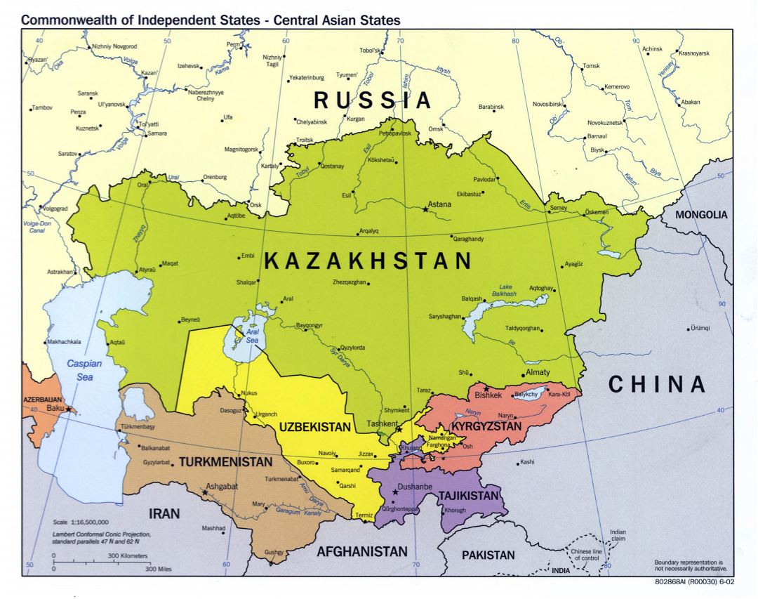 Mapa político a gran escala de los Estados de Asia Central - 2002