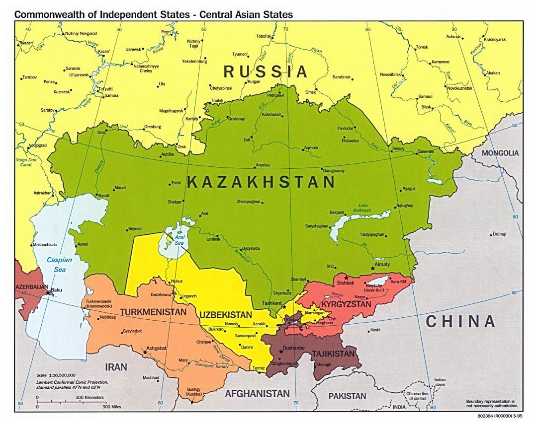 Mapa político grande de Estados de Asia central con las principales ciudades - 1995