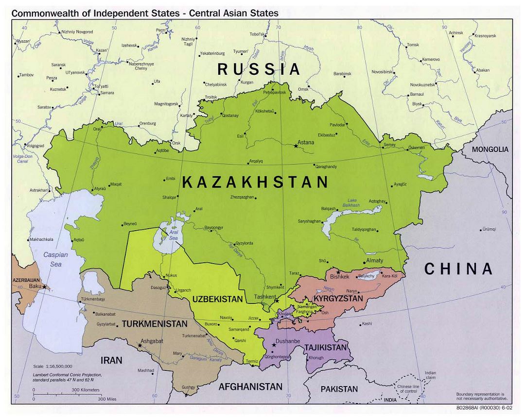 Mapa político grande de los Estados de Asia Central - 2002