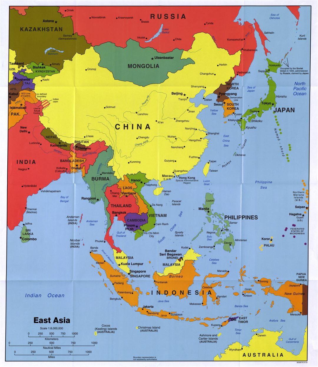 Mapa grande política detallada de Asia del Este con las principales ciudades y capitales - 2004