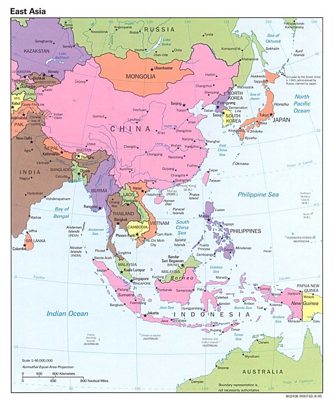 Mapa político detallada de Asia del Este con capitales - 1995
