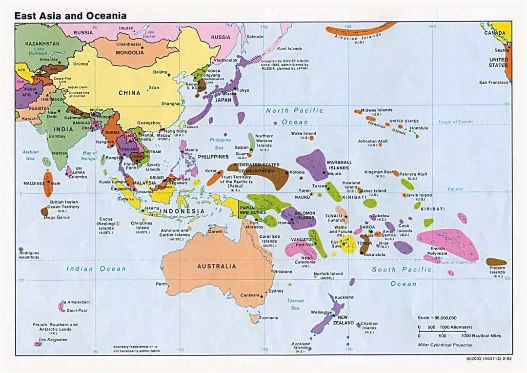 Mapa político grande de Asia del Este y Oceanía con capitales - 1992