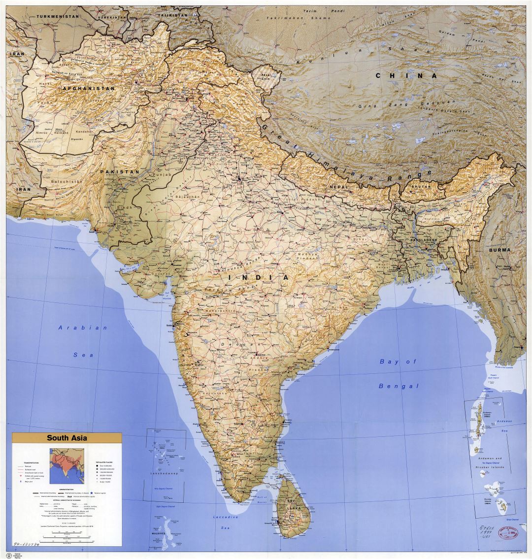 Gran escala del mapa político detallada del sur de Asia, con alivio, carreteras, ferrocarriles, ciudades, aeropuertos y puertos marítimos - 1993