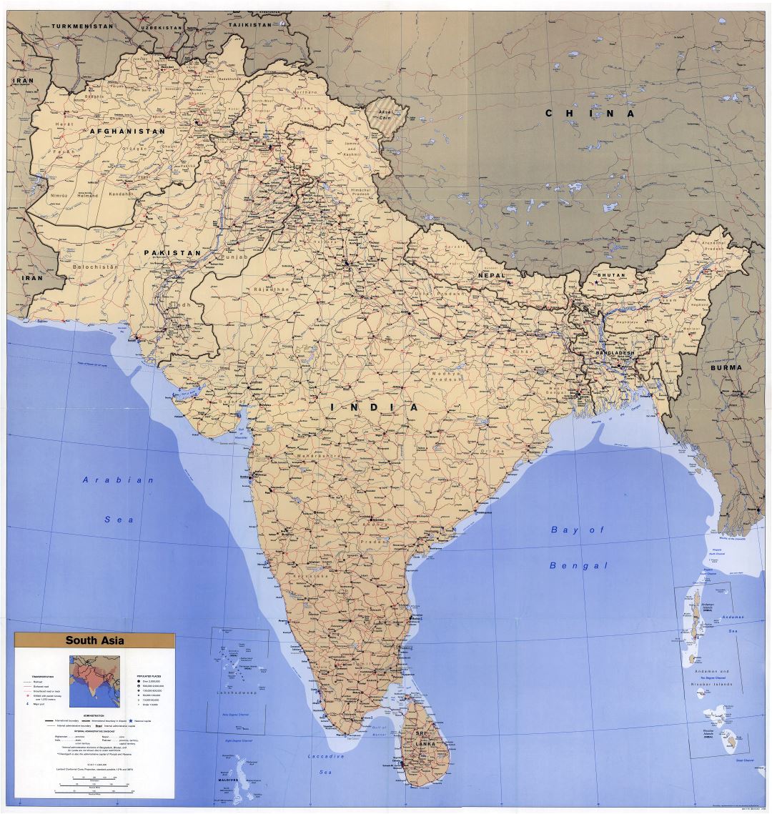 Gran escala del mapa político detallada del sur de Asia, con carreteras, ferrocarriles, ciudades, aeropuertos y puertos marítimos - 1993