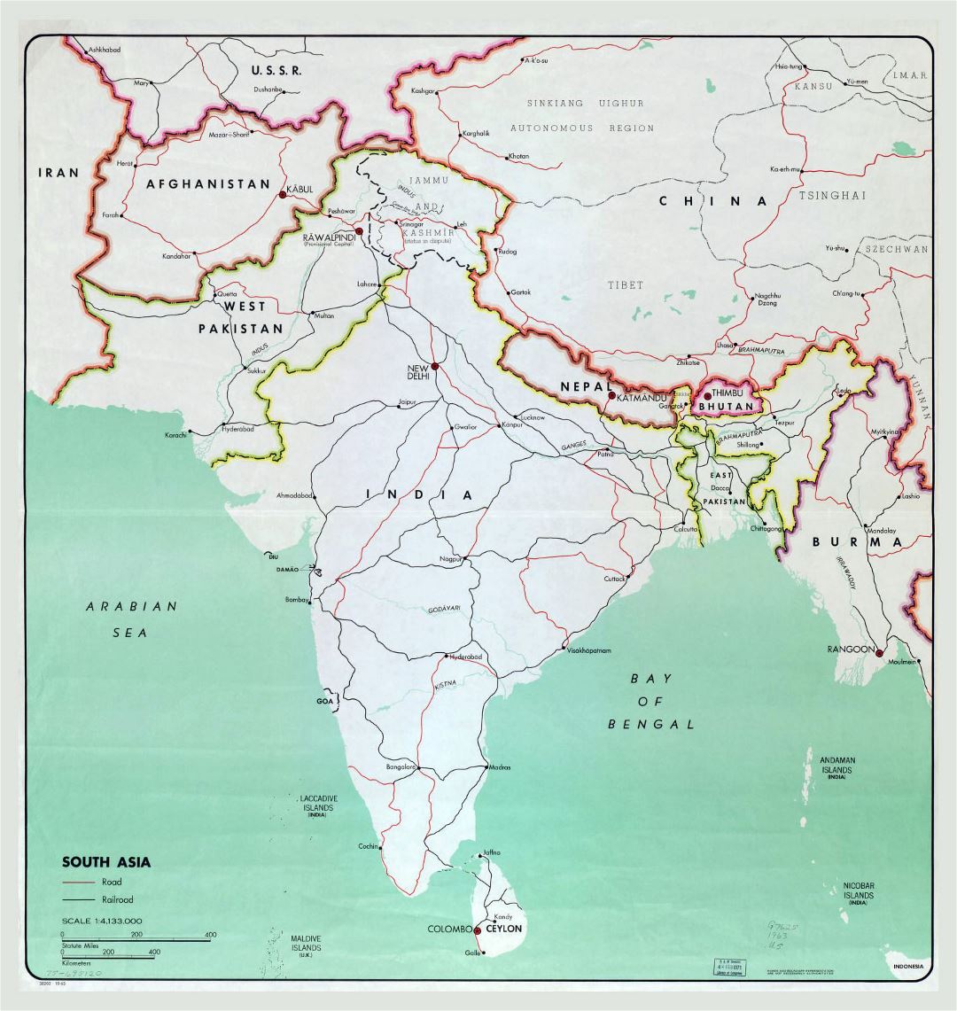 Mapa grande de Asia del Sur, con ciudades grandes, carreteras y ferrocarriles - 1963
