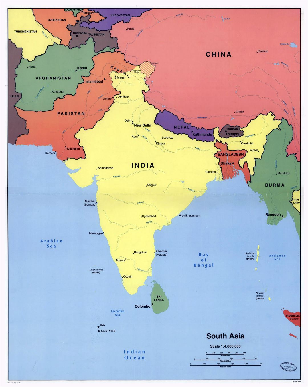 Mapa grande política detallada de Asia del Sur con las principales ciudades - 1998