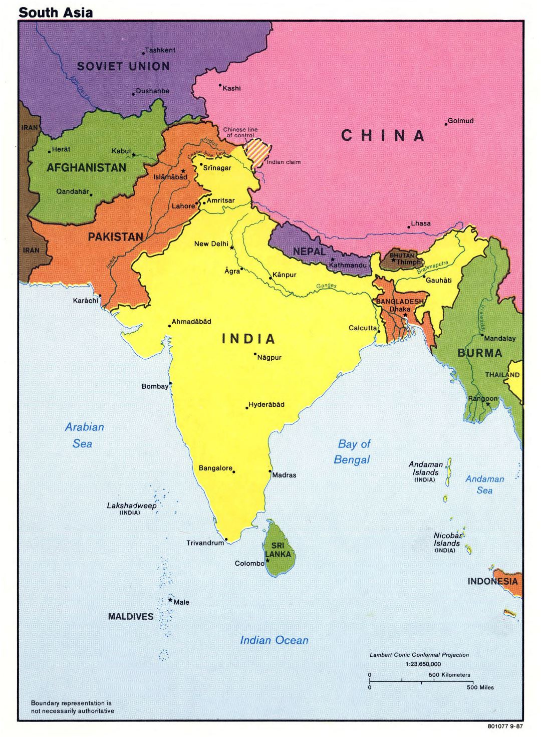 Mapa grande política detallada de Asia del Sur con las principales ciudades y capitales - 1987