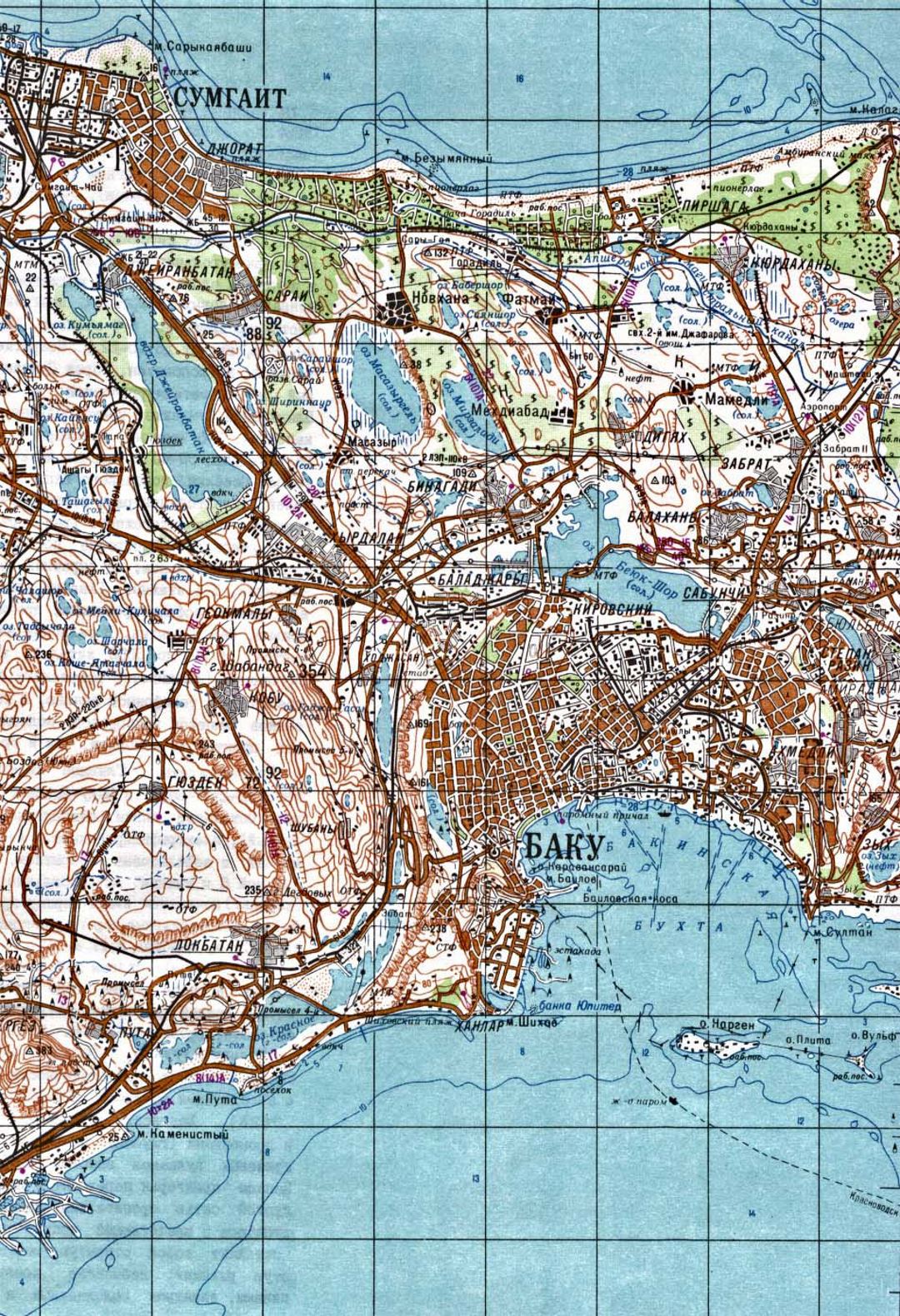 Gran mapa topográfico de Bakú en ruso
