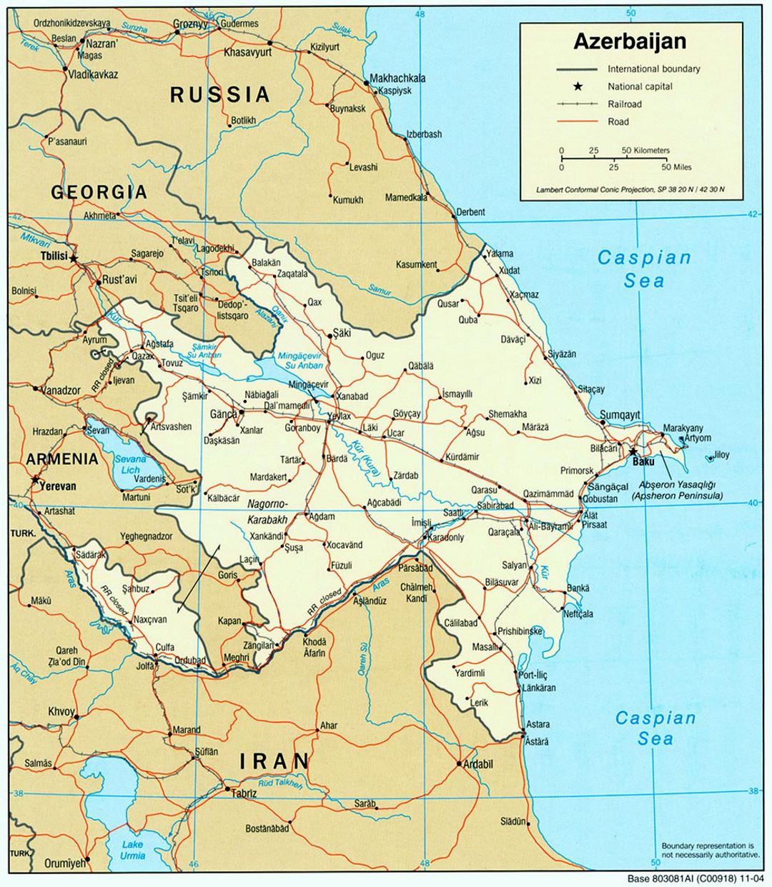 Detallado mapa político de Azerbaiyán con carreteras y principales ciudades - 2004