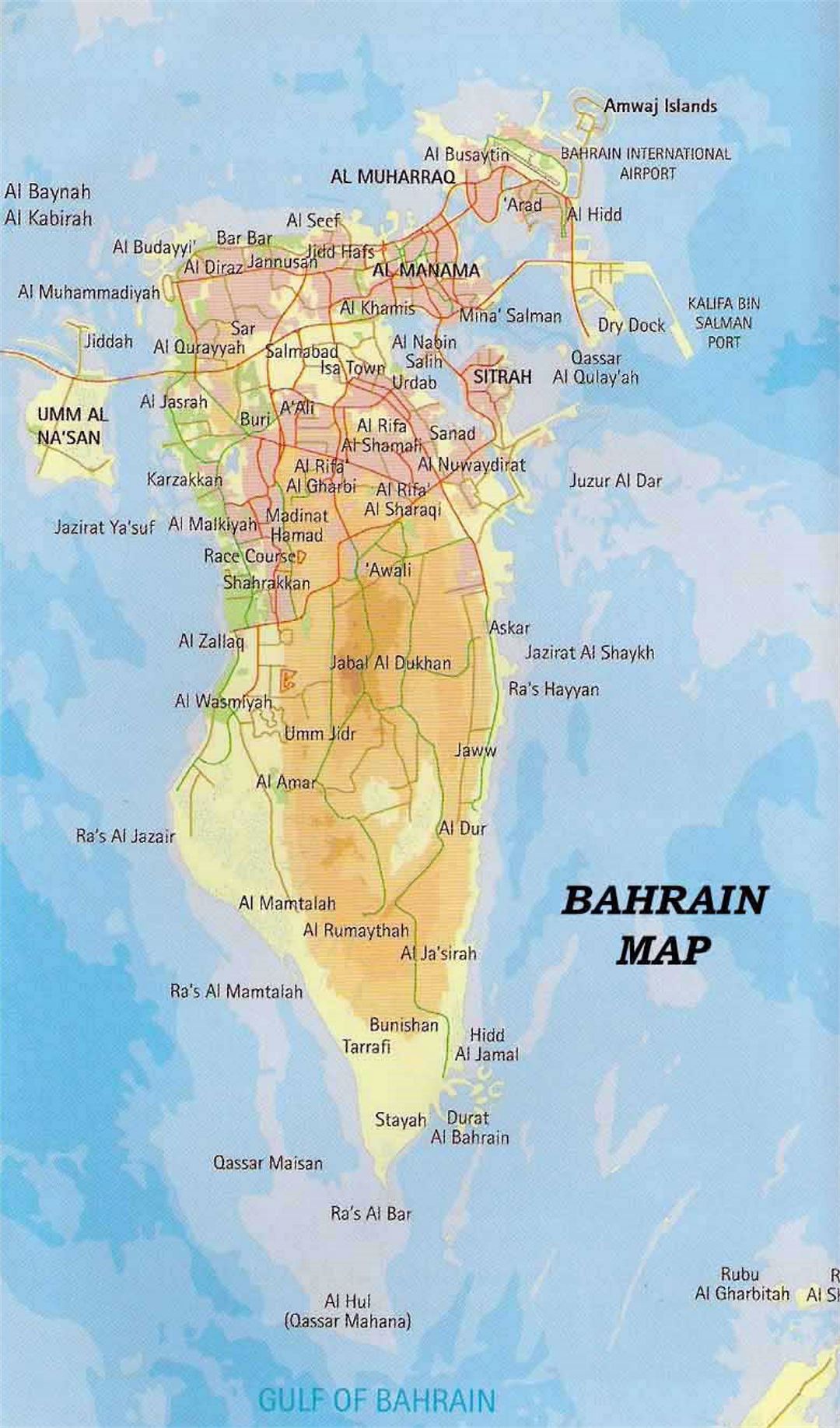 Detallado carretera y elevación mapa de Bahrein