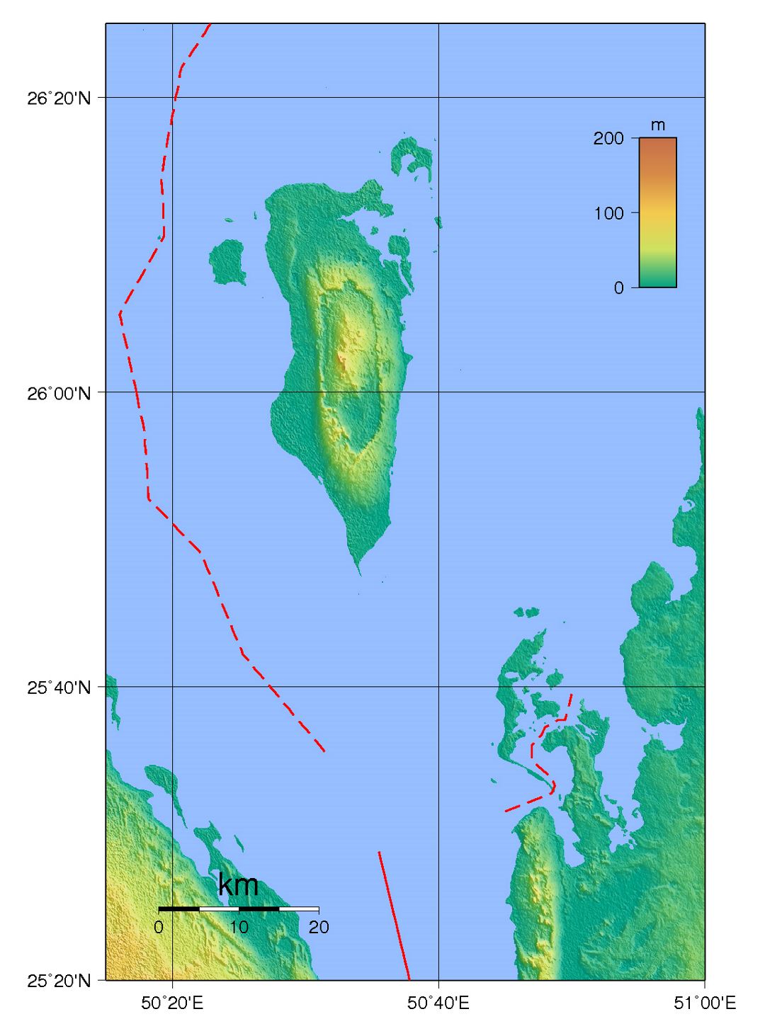 Detallado mapa físico de Bahrein