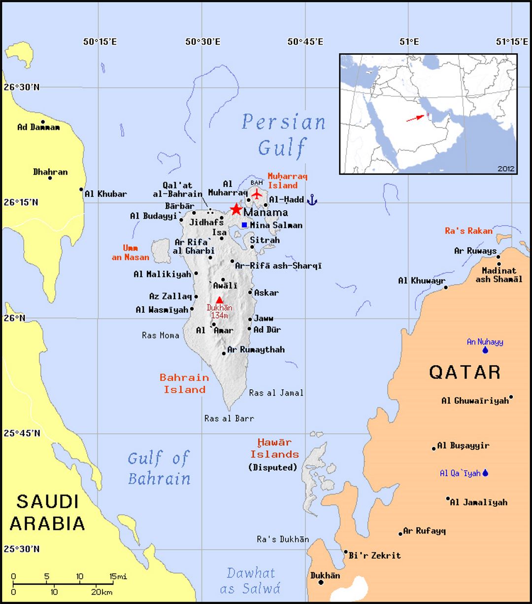 Detallado mapa político de Bahréin con relieve