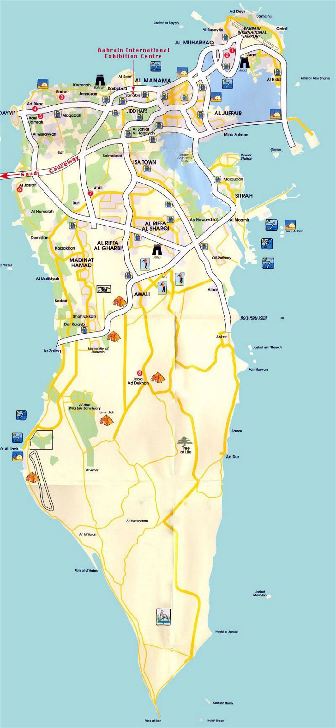 Detallado mapa turístico de Bahrein con carreteras