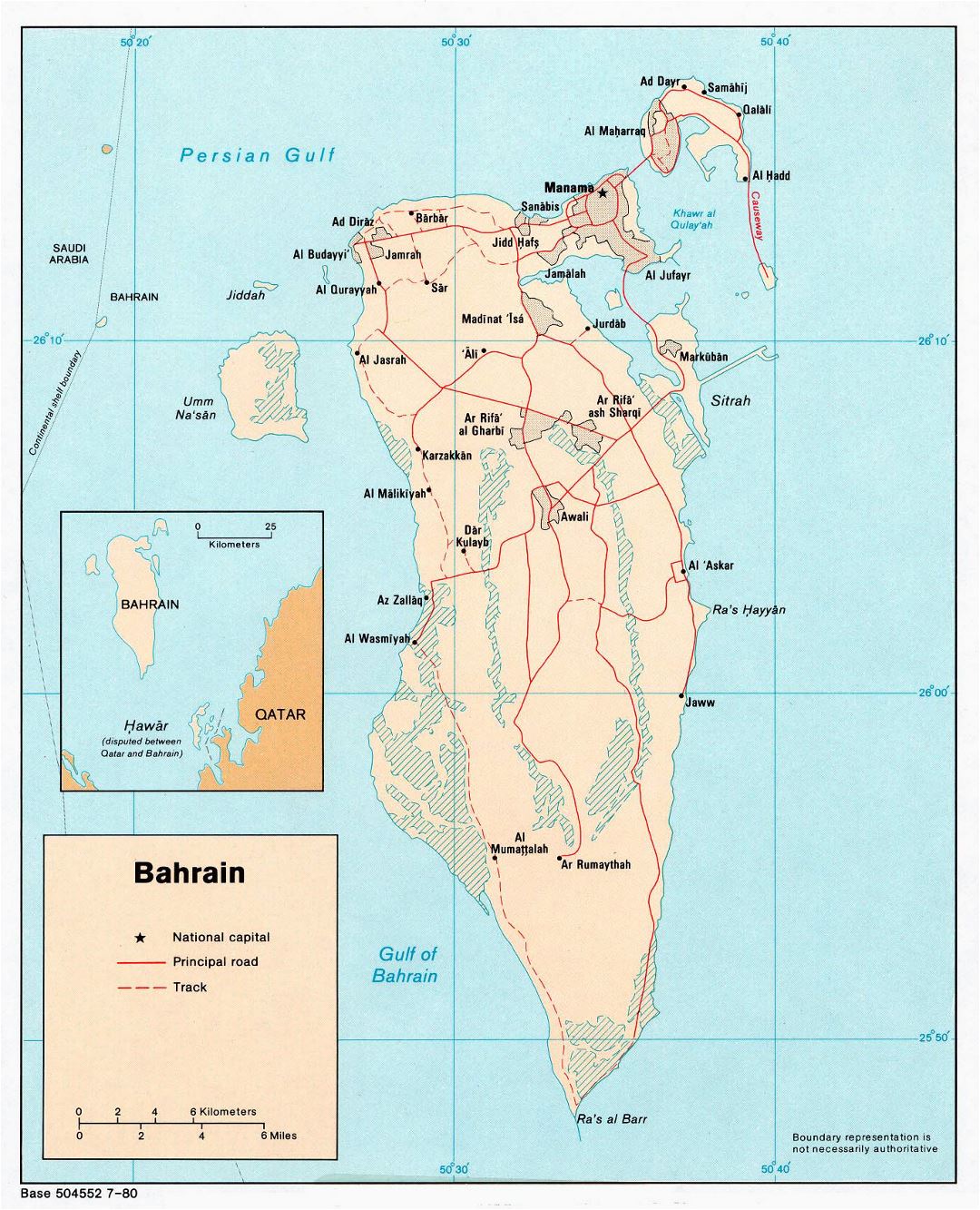 Grande detallado mapa político de Bahrein con carreteras y ciudades - 1980