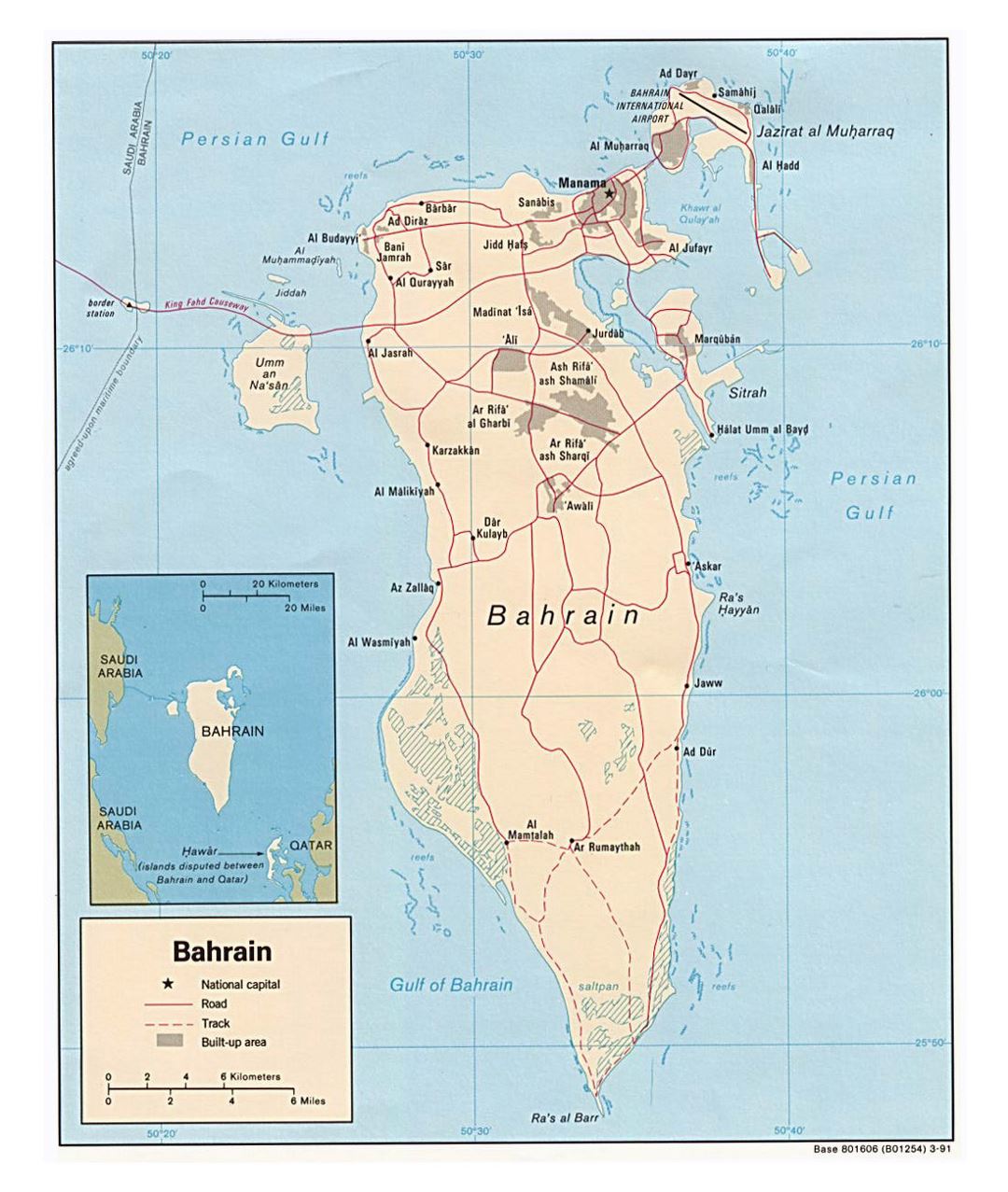 Grande detallado mapa político de Bahrein con carreteras y ciudades - 1991