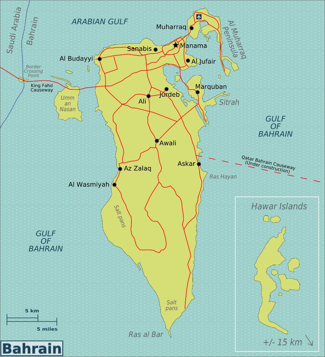 Grande mapa de Bahrein con carreteras, ciudades y aeropuertos