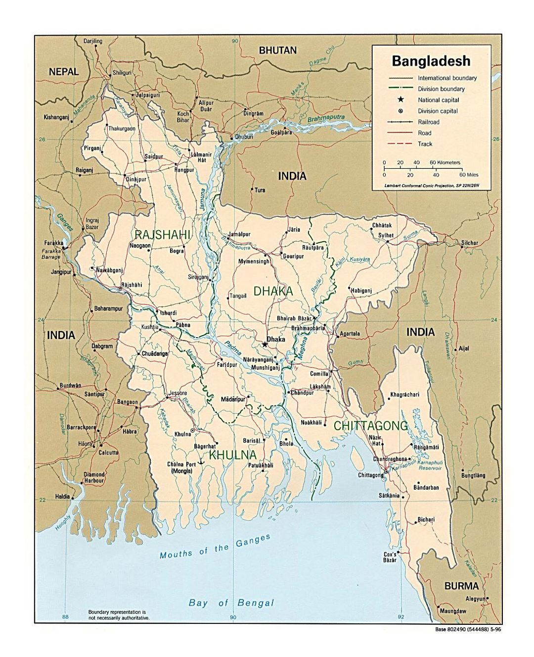 Detallado mapa político y administrativo de Bangladesh con carreteras y principales ciudades - 1996