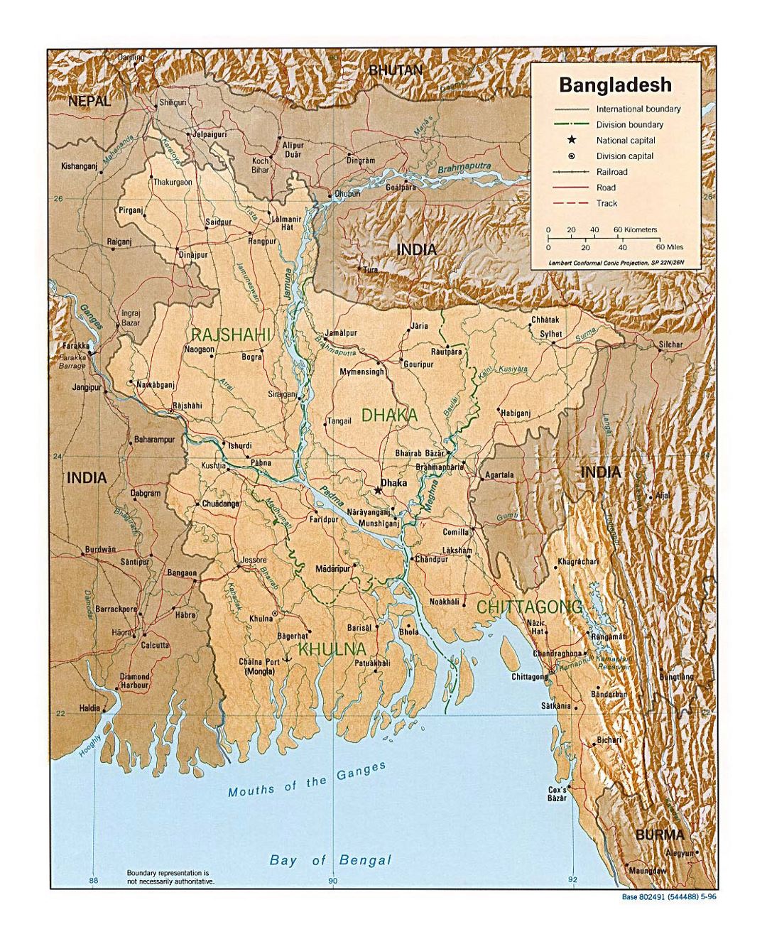 Detallado mapa político y administrativo de Bangladesh con socorro, carreteras y principales ciudades - 1996