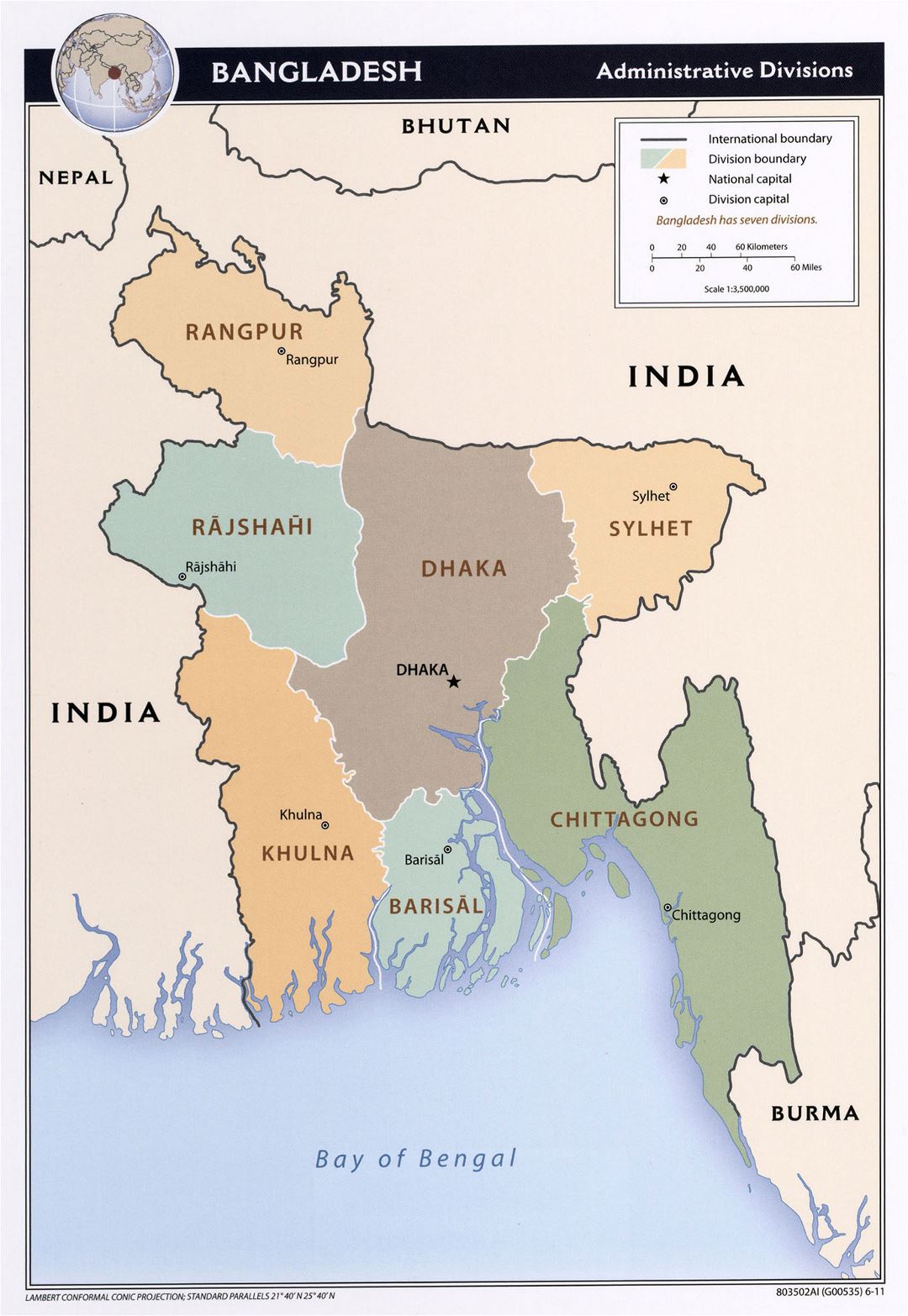 Grande detallado mapa de administrativas divisiones de Bangladesh - 2011