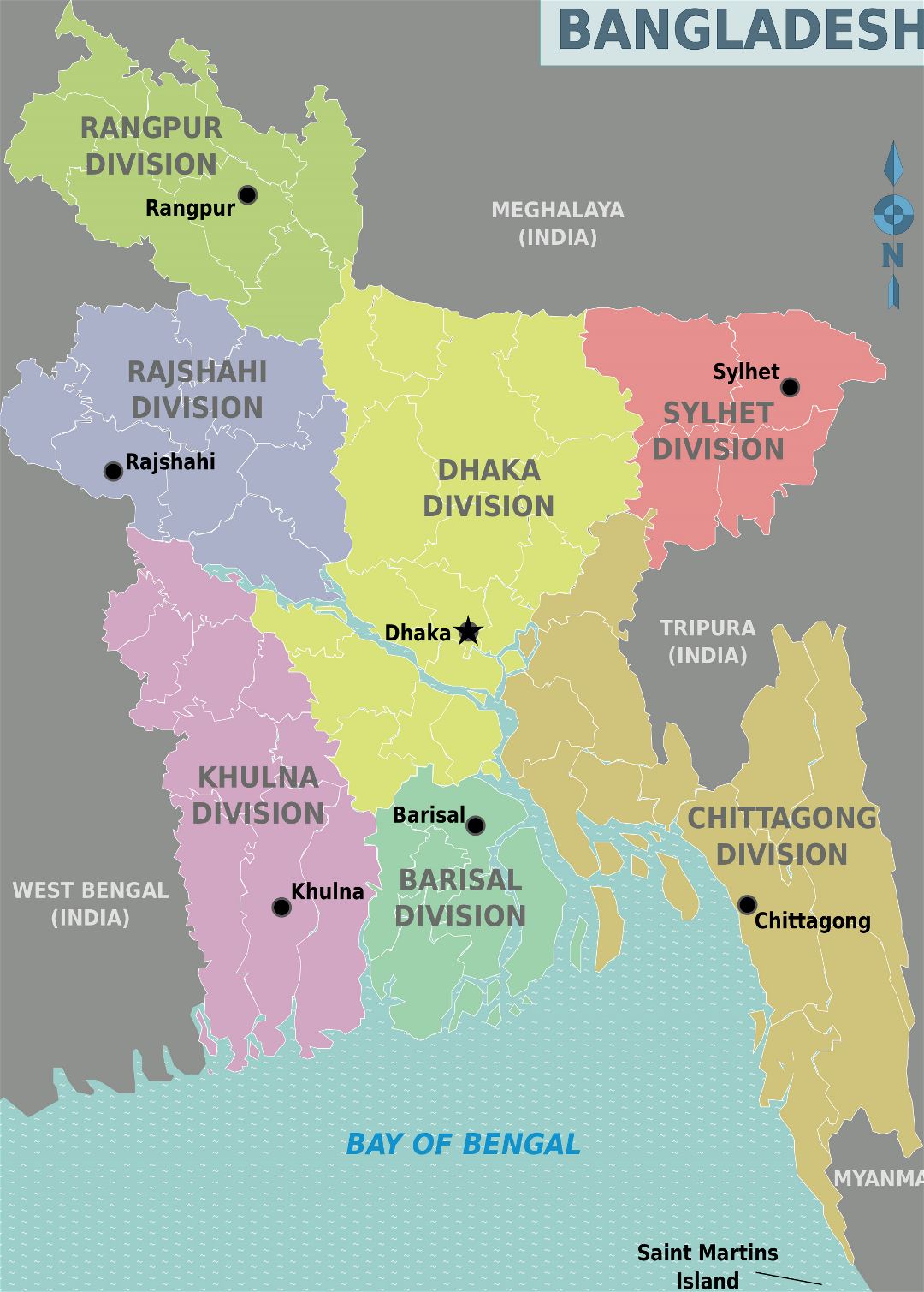Grande detallado mapa de administrativas divisiones de Bangladesh