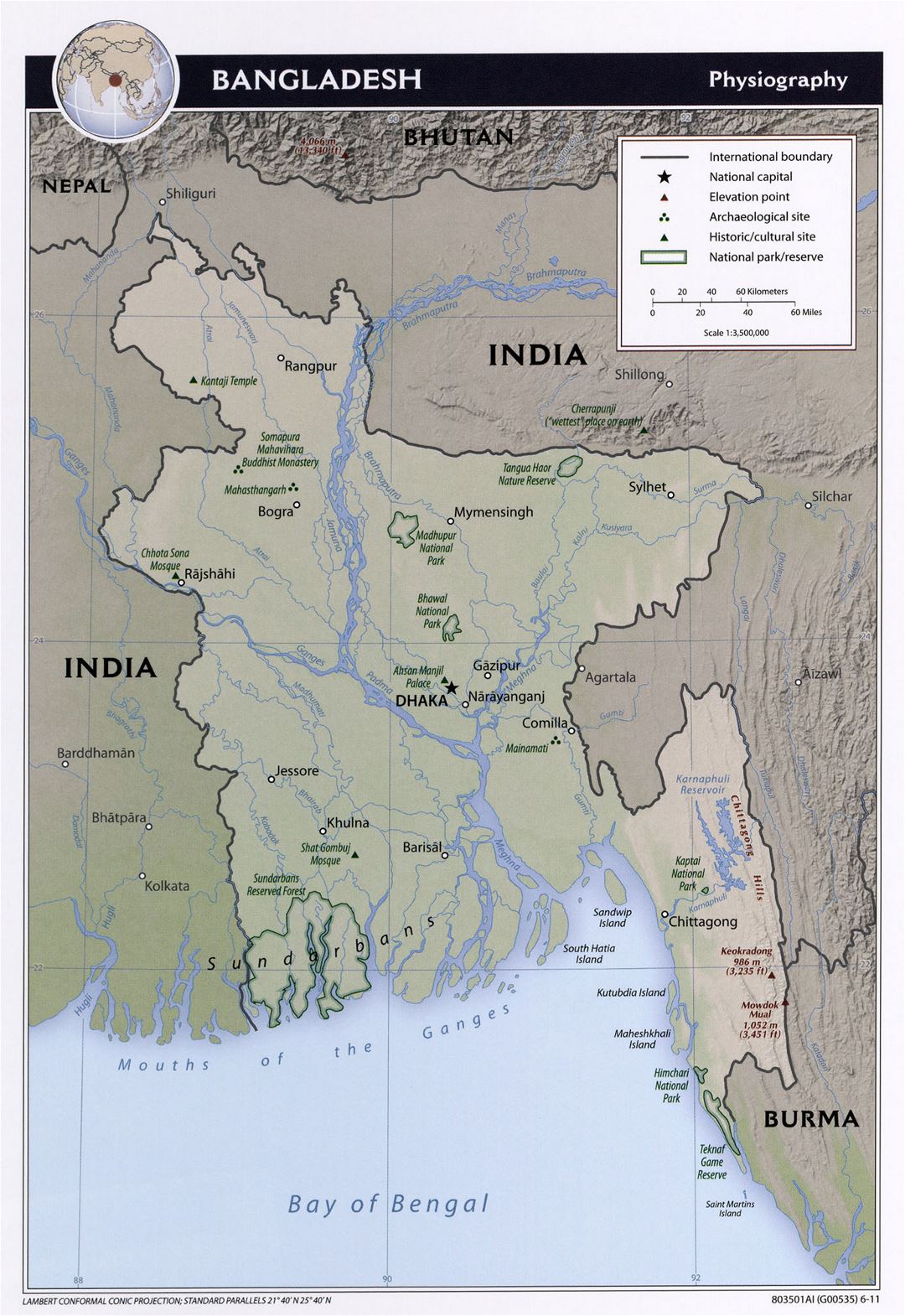Grande detallado mapa de fisiografía de Bangladesh - 2011