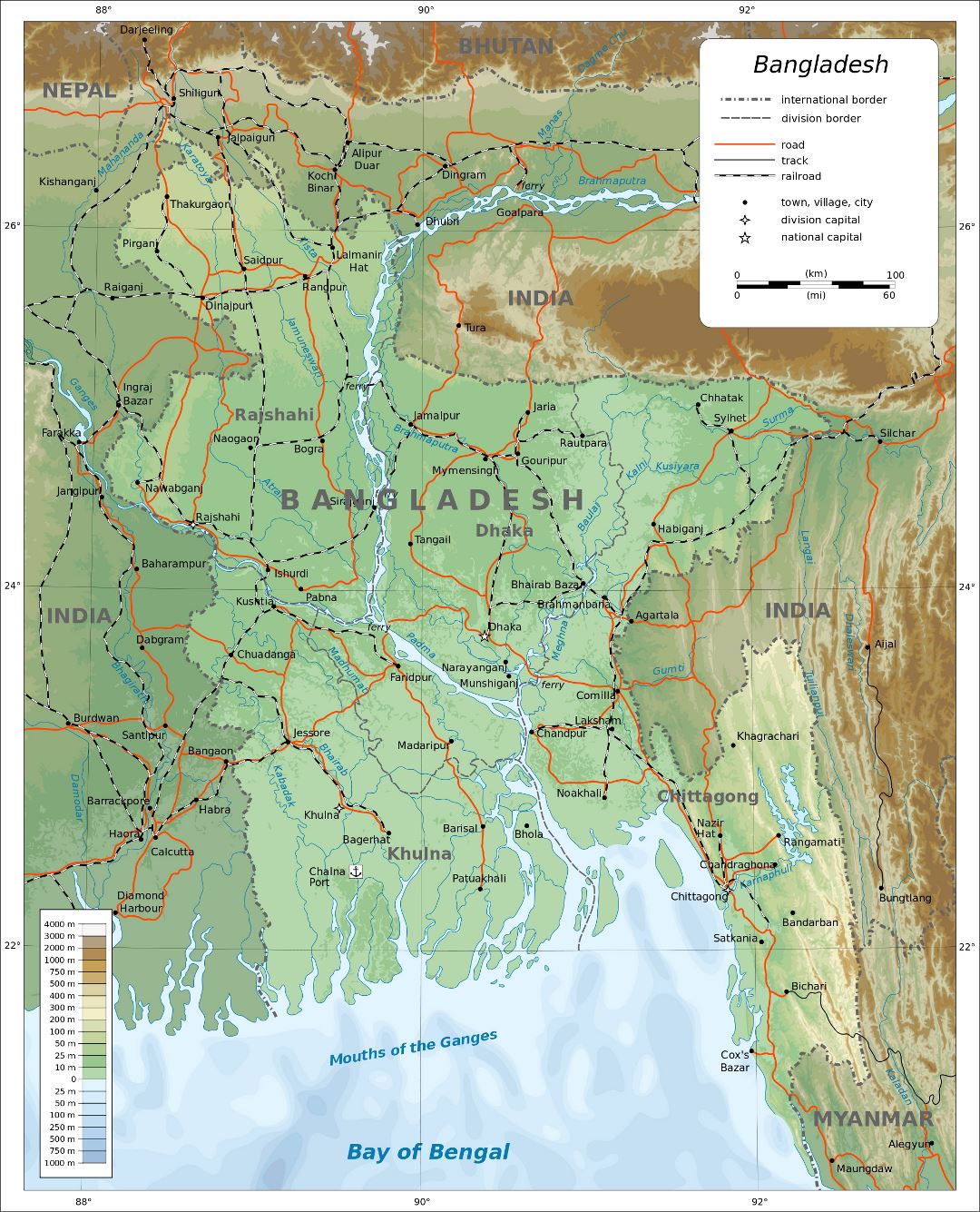 Grande detallado mapa físico de Bangladesh