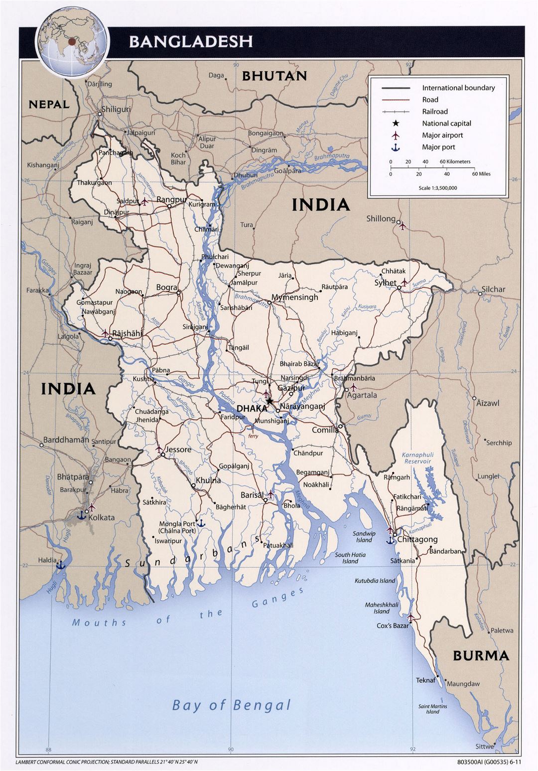 Grande detallado mapa político de Bangladesh con carreteras, ferrocarriles, principales ciudades y aeropuertos - 2011