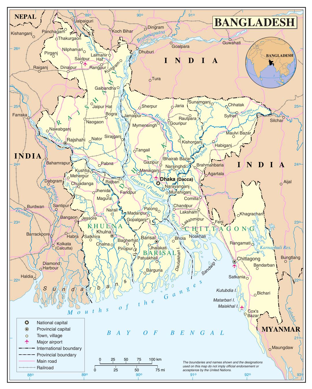 Grande detallado mapa político y administrativo de Bangladesh con carreteras, ferrocarriles, ciudades y aeropuertos