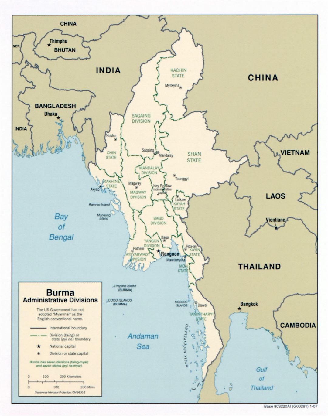 A gran escala mapa de administrativas divisiones de Birmania (Myanmar) - 2007