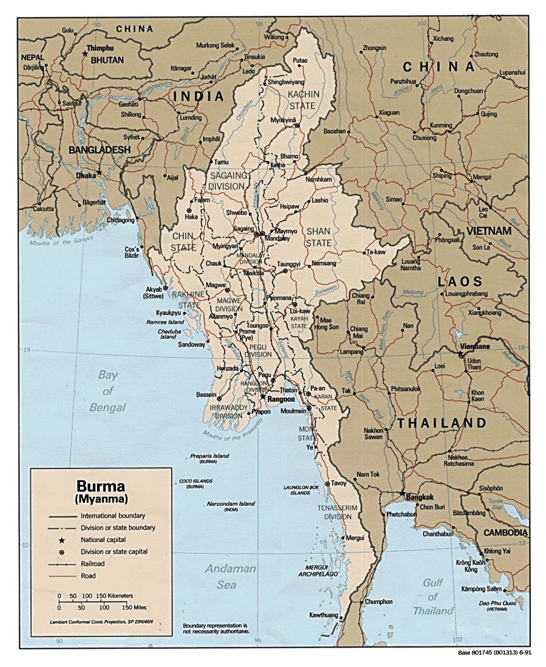 Detallado mapa político y administrativo de Birmania (Myanmar) - 1991