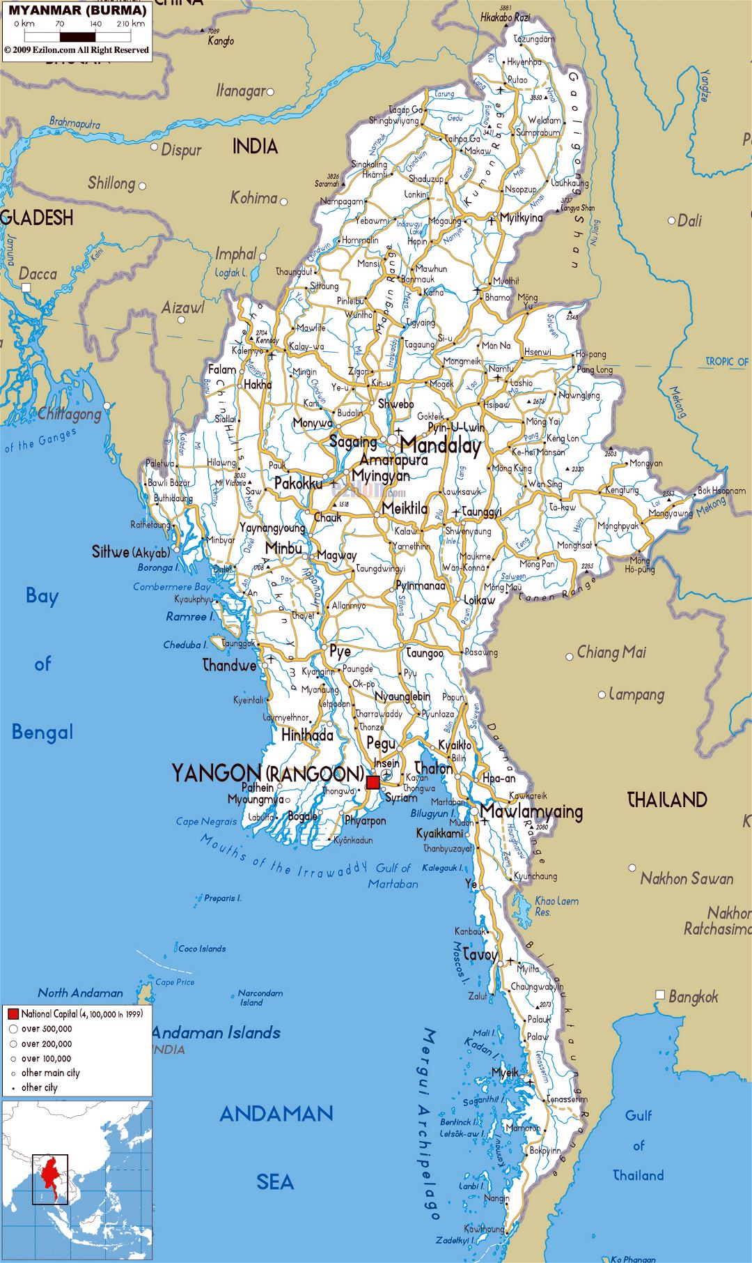 Grande mapa de carreteras de Myanmar con ciudades y aeropuertos