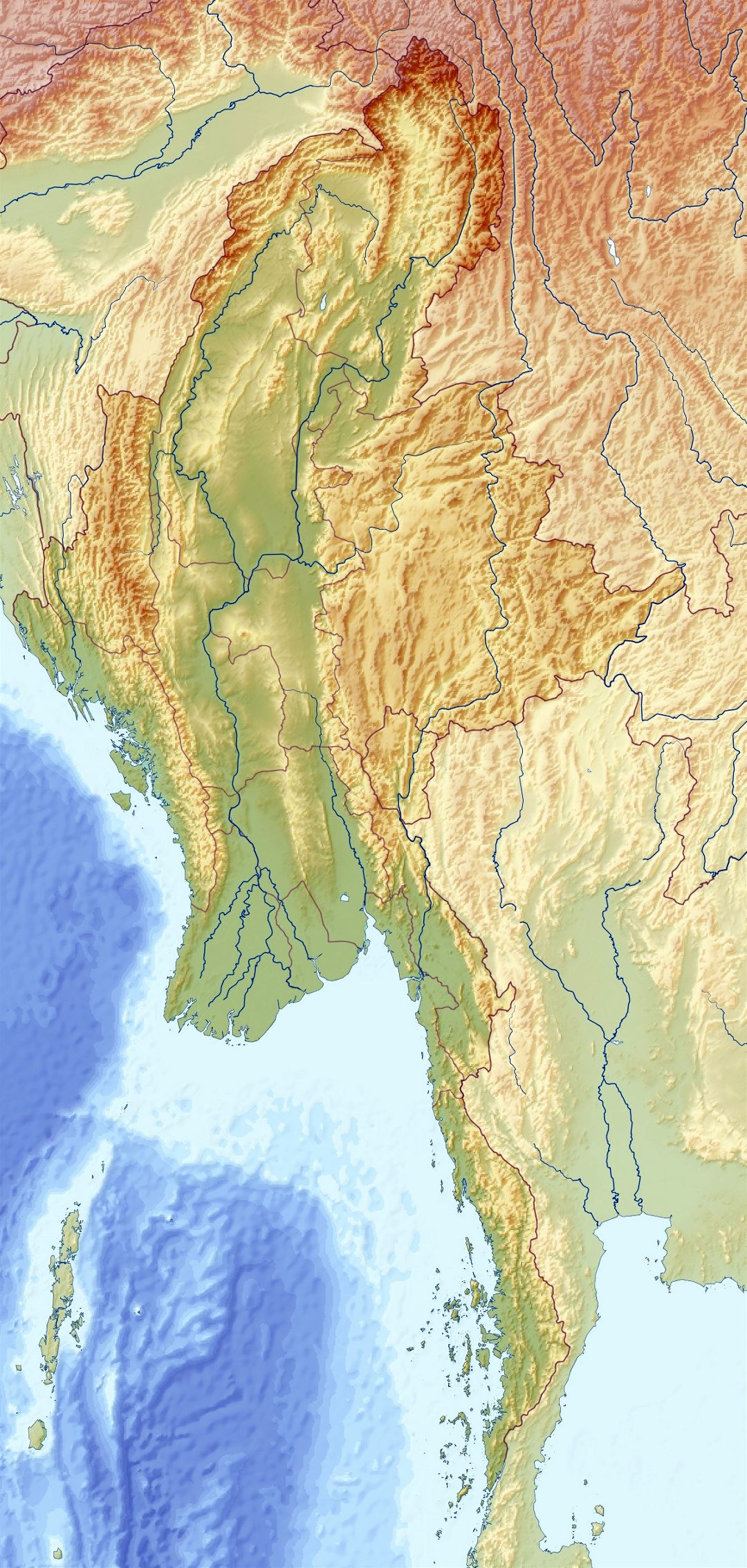Grande mapa en relieve de Myanmar (Birmania)