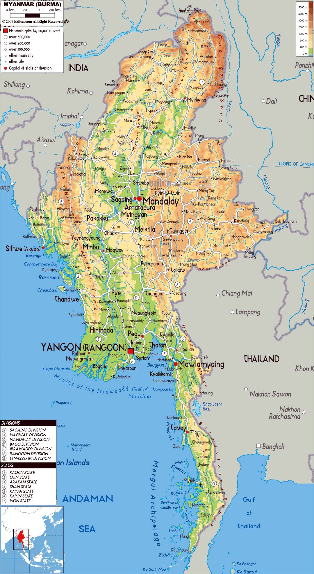 Grande mapa físico de Myanmar con carreteras, ciudades y aeropuertos