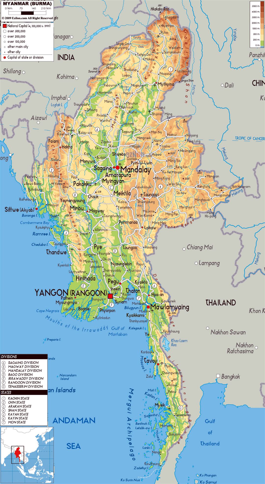 Grande mapa físico de Myanmar con carreteras, ciudades y aeropuertos