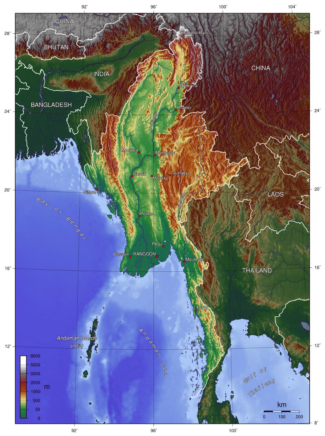 Grande mapa topográfico de Birmania