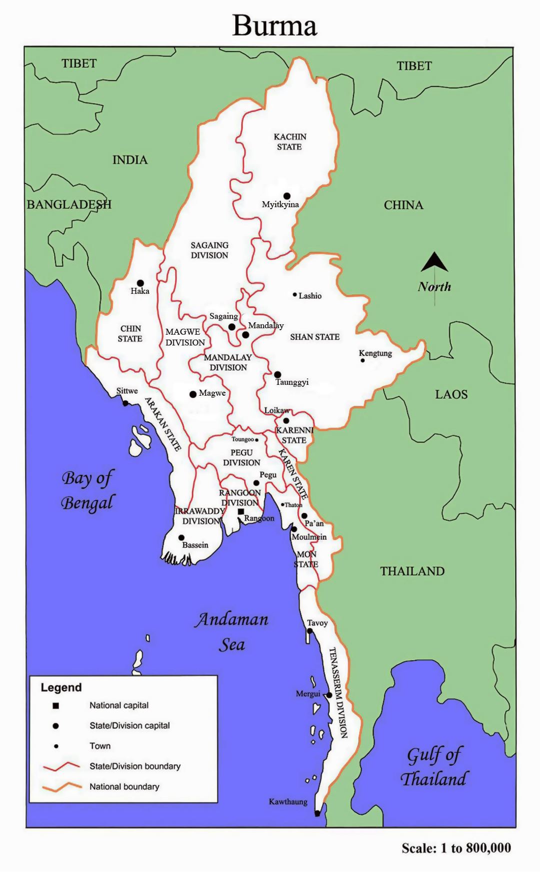 Mapa administrativo de Birmania