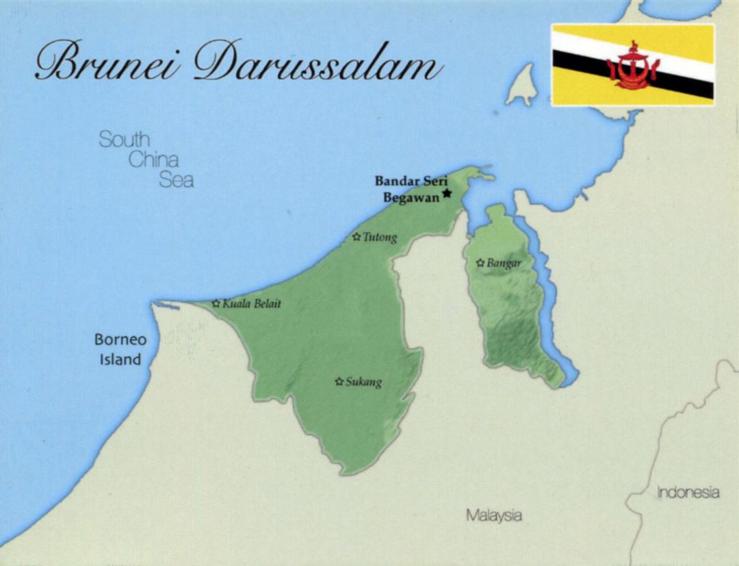 Detallado mapa de Brunei Darussalam con bandera y principales ciudades