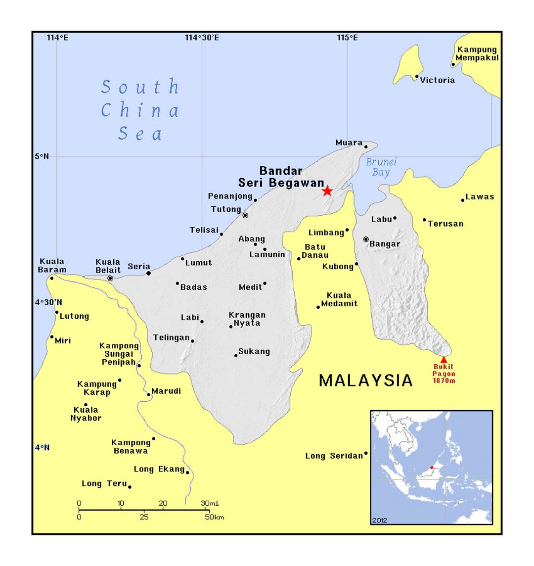 Detallado mapa político de Brunei con relieve