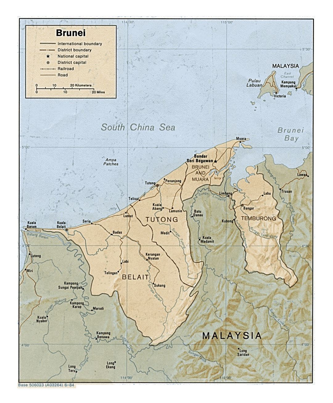 Detallado mapa político y administrativo de Brunei con relieve - 1984
