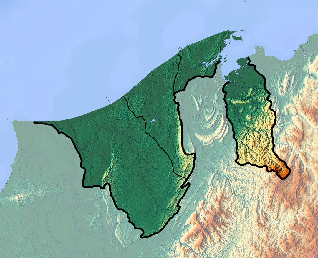 Detallado mapa topográfico de Brunei