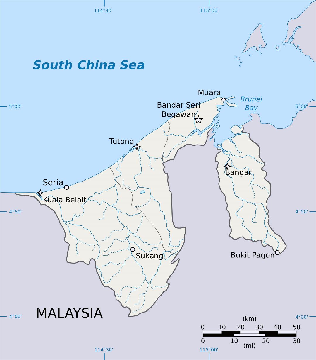 Grande detallado mapa de Brunei con ríos y principales ciudades