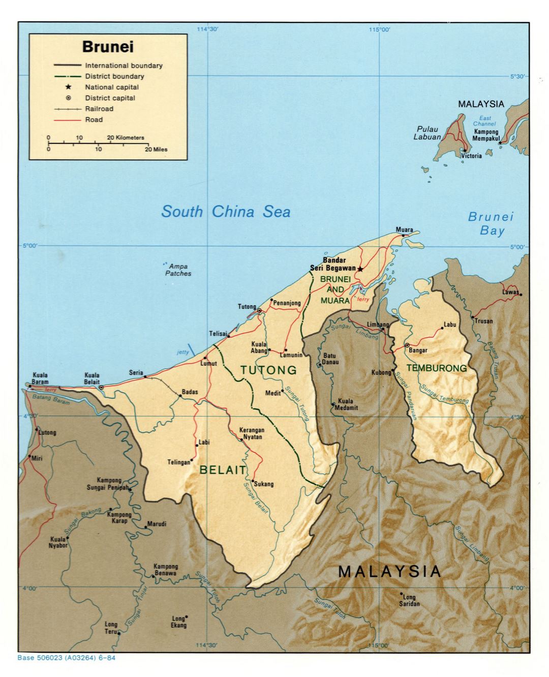 Grande detallado mapa político y administrativo de Brunei con carreteras, socorro, ferrocarriles y principales ciudades - 1984