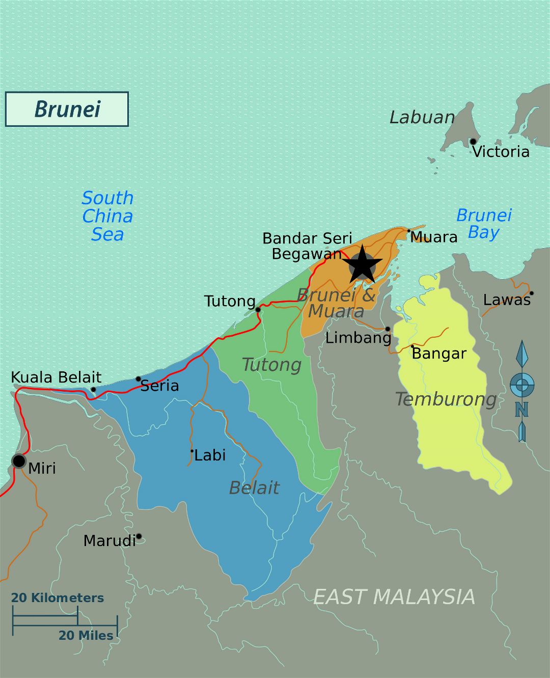 Grande mapa de regiones de Brunei