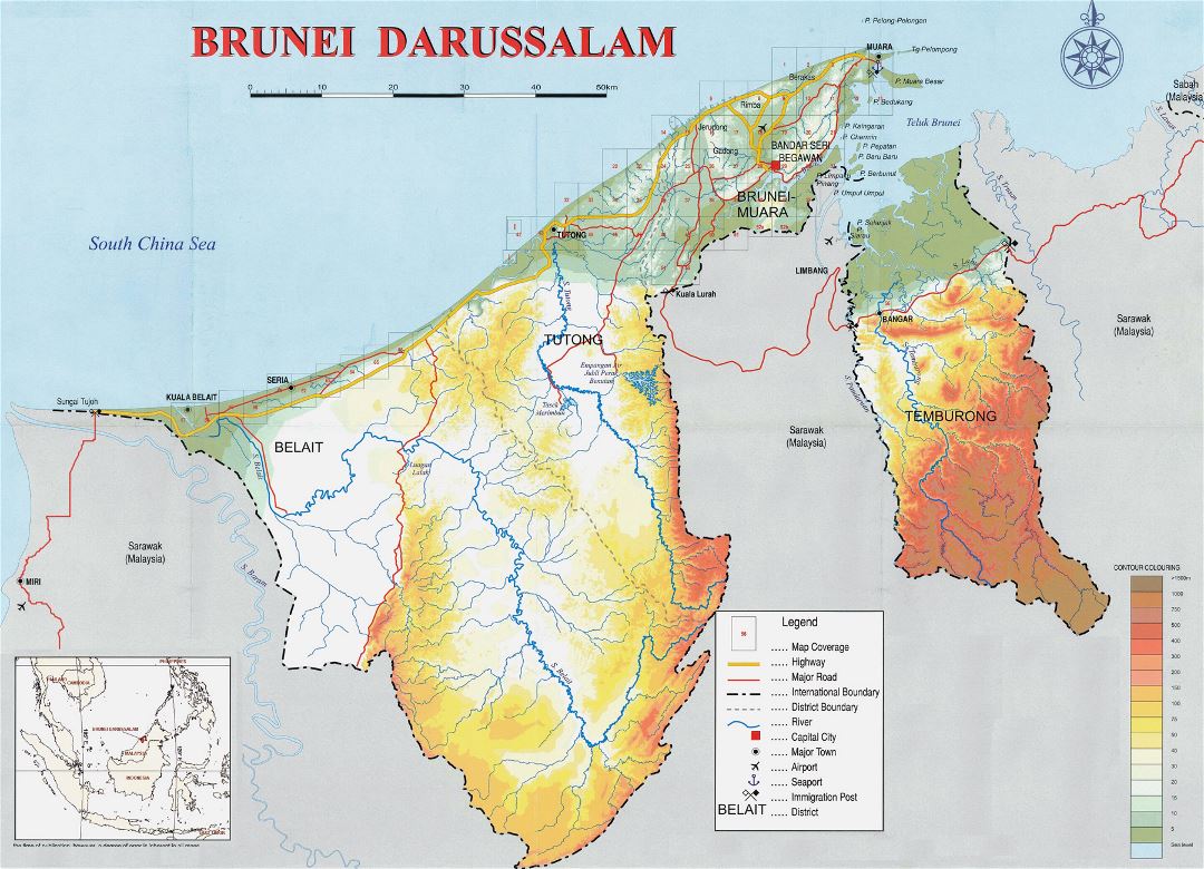 Grande mapa físico de Brunei