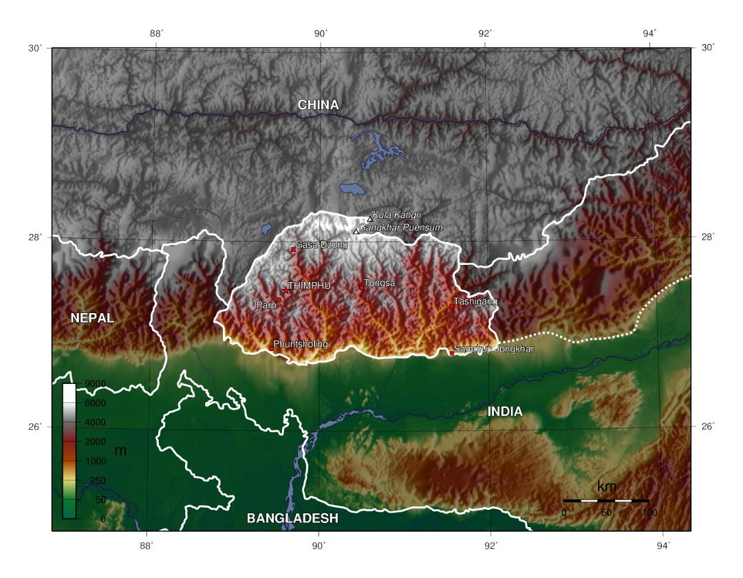 Detallado mapa físico de Bután