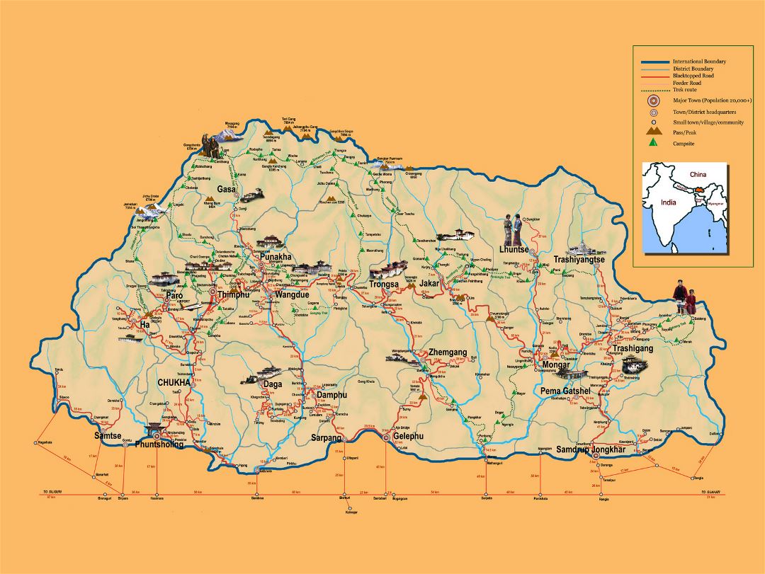 Detallado mapa turístico de Bután